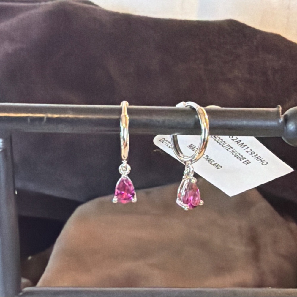 Sterling Silver Pear Natural Rhodolite Huggie Earrings